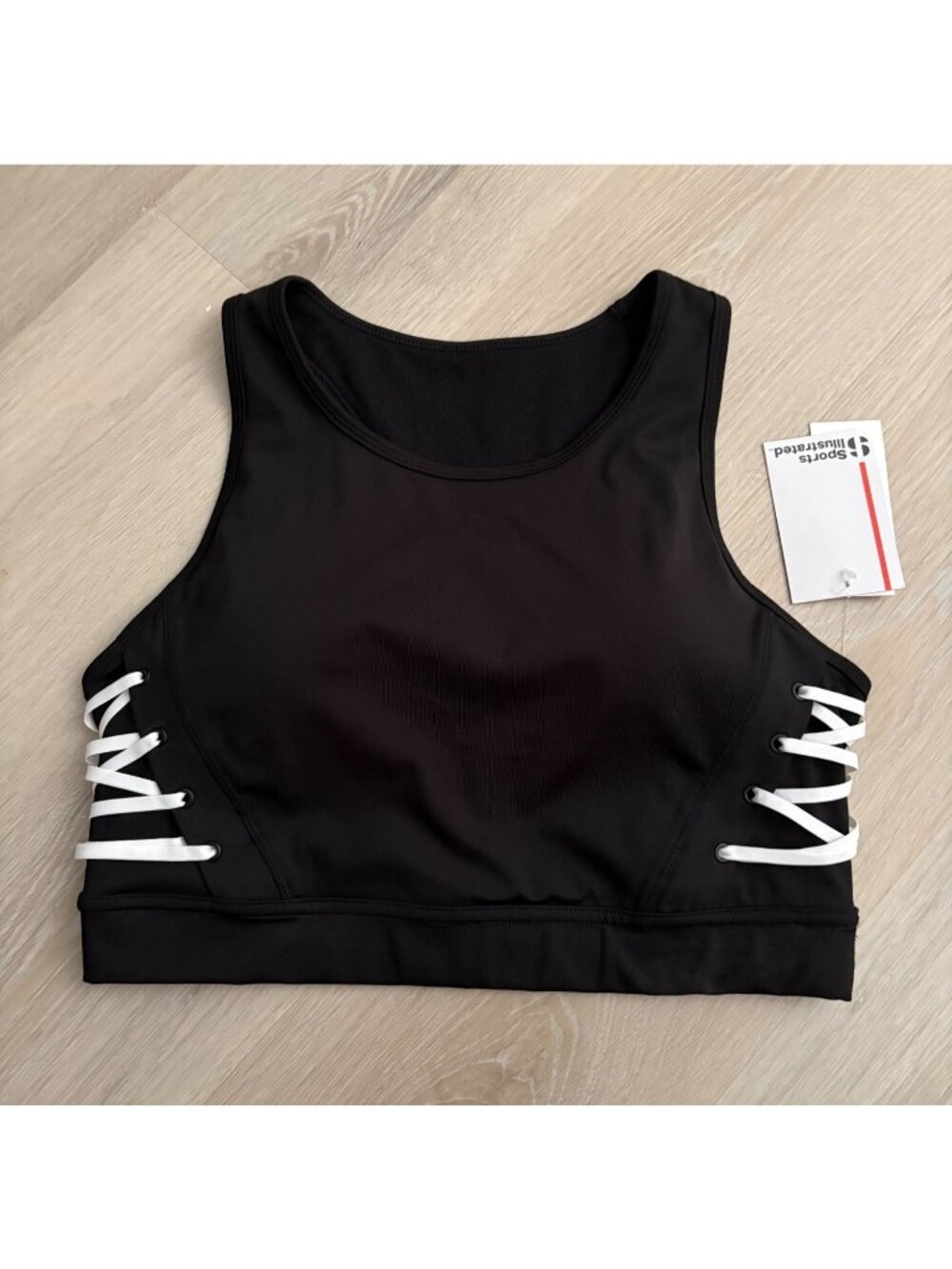 NEW Sports Illustrated Lace-Up Sides Padded High-Neck Racerback Black Sports Bra